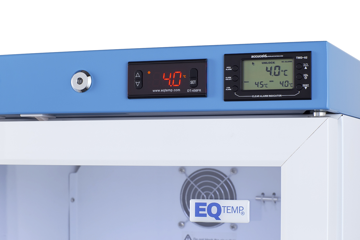 Compact healthcare all-refrigerator certified to NSF/ANSI 456 with self-closing glass door, front lock, digital controls, and NIST-calibrated temperature readout